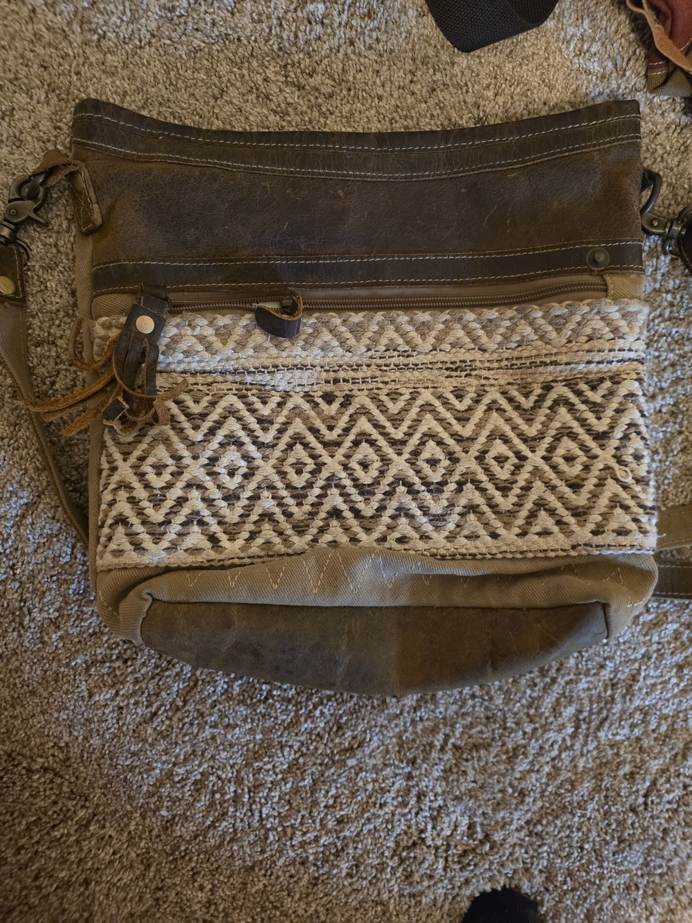 Myra Bag Brown and Cream Leather-Trim Crossbody with Woven Geometric Panel